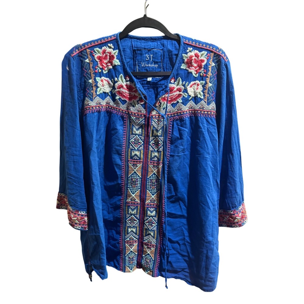 Johnny Was 3J Blue Embroidered Top Size Large 3/4 Sleeves